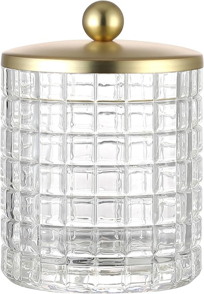 Indecor Home Clear Tranparent Apothecary Etched Geometric Grid Glass Jar W/Gold Metal Lid Cover for Bathroom Organization, Cotton Balls, Q Tips, and Small Accessories, Bathroom Storage