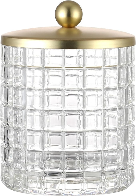Indecor Home Clear Tranparent Apothecary Etched Geometric Grid Glass Jar W/Gold Metal Lid Cover for Bathroom Organization, Cotton Balls, Q Tips, and Small Accessories, Bathroom Storage