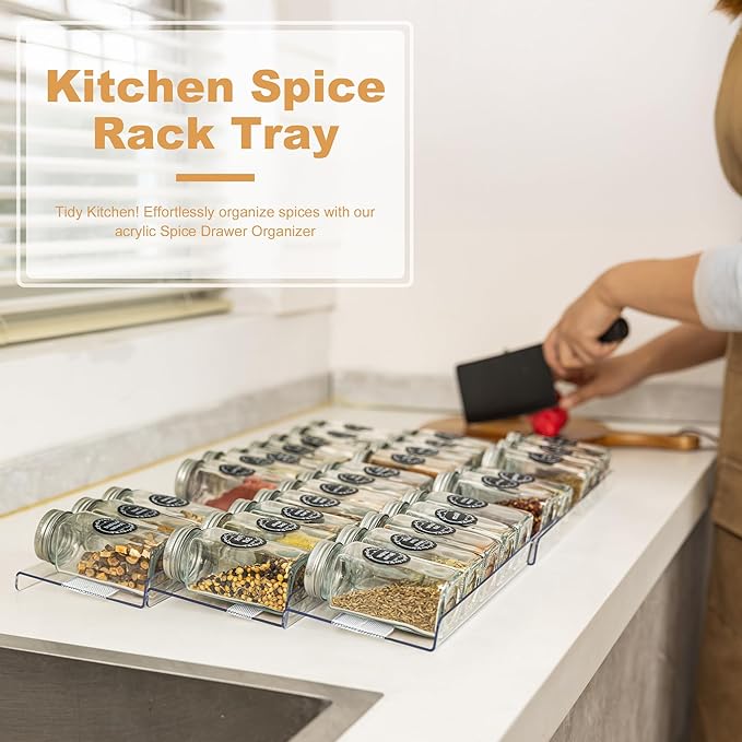 Brippo 8-Pack Spice Drawer Organizer, Expandable Acrylic Seasoning Rack (13" to 26") with Anti-Slip Mat, Kitchen Spice Rack Drawer Holds up to 56 Jars (Jars Not Included)
