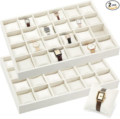 Henoyso 2 Pieces 24 Grid Velvet Watch Tray Jewelry Organizer Stackable Watch Bracelet Bangle Display Holder Adjustable Pillow(Beige)
