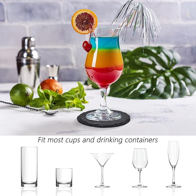 24 PCS Round Slate Drink Coasters Set, SIJDIEE 4 Inch Laser Engraving Black Slate Stone Coasters with Anti-Scratch Bottom and Coaster Holder for Office Bar Kitchen Home Dinner Table Decor Supplies