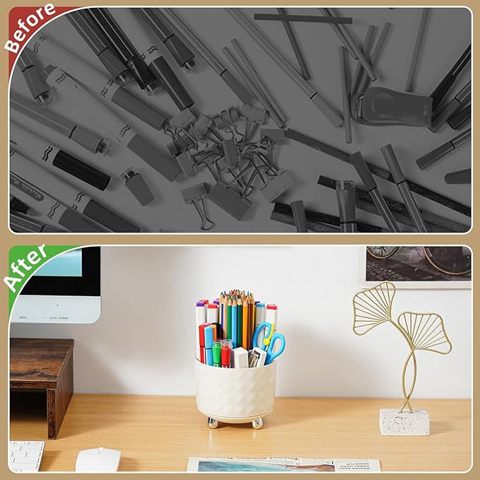 Marbrasse Desk Organizer, 360-Degree Rotating Pen Pencil Holder for Desk, Desk Organizers and Accessories with 5 Compartments Pencil Organizer (Milky white)