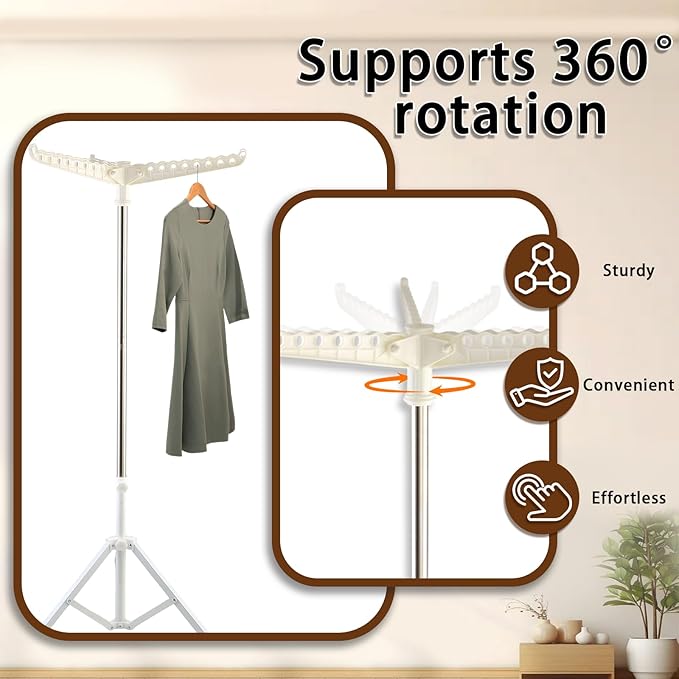 Clothes Drying Rack,Dry Rack for Clothes 33-68 Inch Stainless Steel Heavy-Duty Tripod Base Space-Saving Collapsable 3 Rotatable Arms