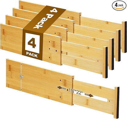 4 Pcs 6 Inch High Drawer Dividers 15"-22" Adjustable Bamboo Drawer Dividers Deep Expandable Dresser Organizer with Spring Loaded for Clothes Bedroom Bathroom Kitchen Fridge Office