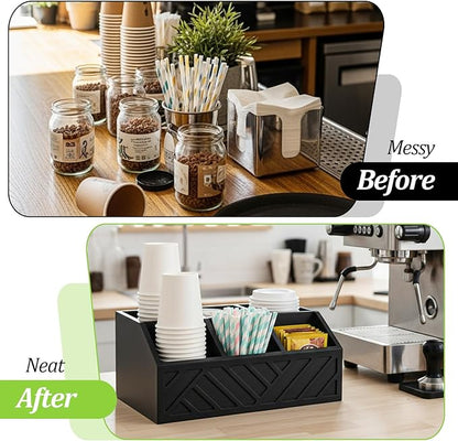 Black Coffee Station Organizer for Counter, Wood Coffee Pods Holder Storage Basket with 5 Compartments, Coffe and Tea Condiment Basket Storage Organizer, Farmhouse Bar Accessories Decor