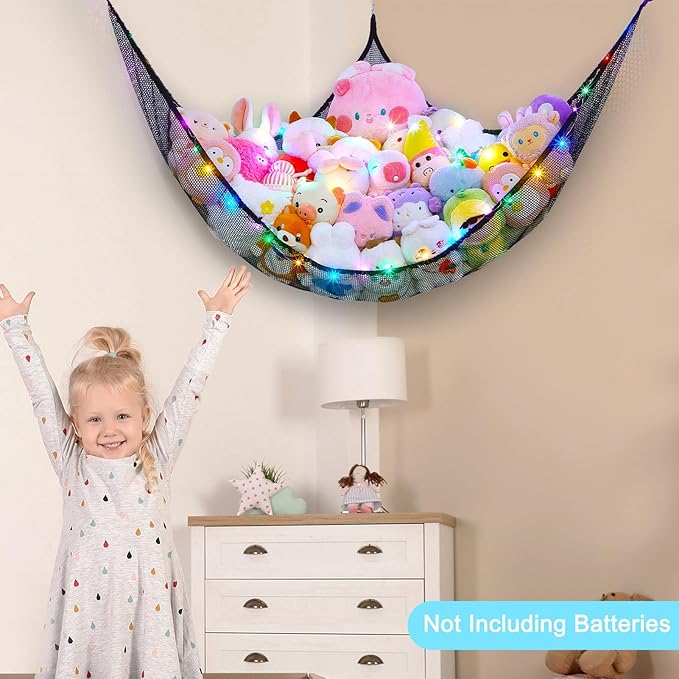 Unicorn Castle Stuffed Animals Net or Hammock Kids Toy Storage Organizer with LED Light Hanging Corner Stuffed Animals Holder Kids Girls Room Decor,Black,XLarge (Pack of 1)
