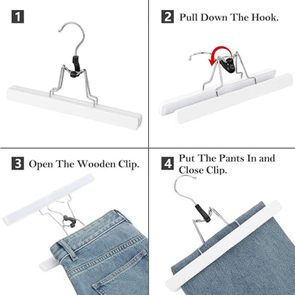 AMKUFO 12 Pack White Wooden Pants Hangers with Clips Non Slip Skirt Hangers Trouser Clamp Hanger Solid Wood Hanger with 360° Swivel Hook