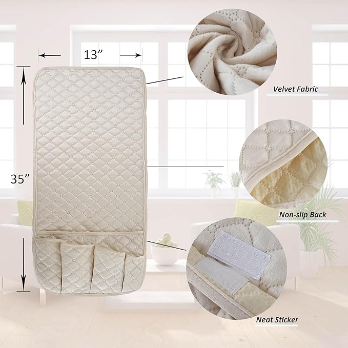 luckyjoyreal Velvet Armchair Caddy for Couch Remote Control Holder Non-slip Sofa Armset Organizer Caddy Storage for Recliner Couch 5 Pocket for Magazine 35"x13" Ivory 1 Piece