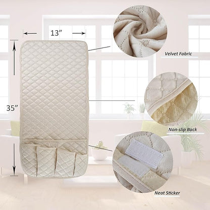 luckyjoyreal Velvet Armchair Caddy for Couch Remote Control Holder Non-slip Sofa Armset Organizer Caddy Storage for Recliner Couch 5 Pocket for Magazine 35"x13" Ivory 1 Piece