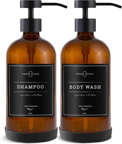 Vine Creations Amber Glass Soap Dispenser Set - Kitchen Soap Dispenser Set with Stainless Steel Pump - 16 oz Dish Soap and Hand Soap Dispensers for Bathroom with Silicone Pad & Waterproof Labels