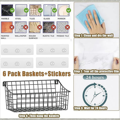 Sonyabecca 6 Pack Hanging Wall Basket for Organizing, Large Wire Basket for Storage Pantry with 5 S Hook+6 Adhesive Hook, Wall Mounted Shelf for Kitchen Bathroom