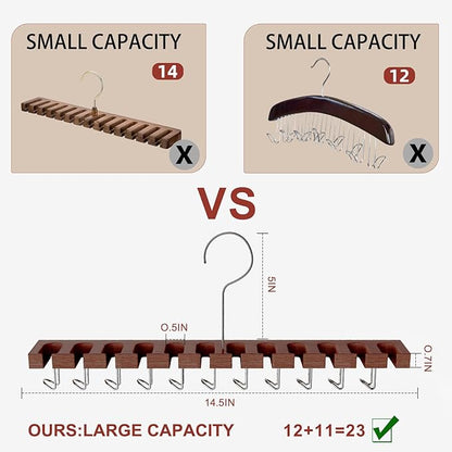 Cuipingoo Belt Hanger for Closet Max 42 Belts, 2-in-1 Wall Mount Belt Organizer with 360° Rotating Hooks, Wooden Tie and Belt Rack for Closet Accessories Organizers and Storage, Walnut Wood