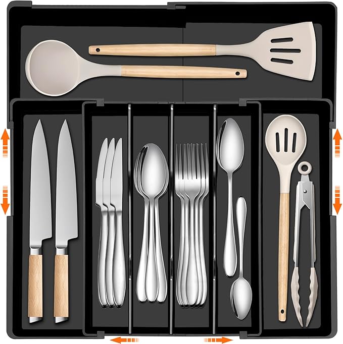 Silverware Organizer - Expandable Utensil Drawer Organizer, Adjustable Silverware Drawer Organizer, Plastic Kitchen Drawer Organizer for Forks, Knives, Kitchen Organizer Dividers, Black