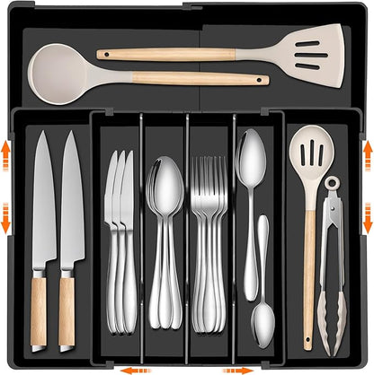 Silverware Organizer - Expandable Utensil Drawer Organizer, Adjustable Silverware Drawer Organizer, Plastic Kitchen Drawer Organizer for Forks, Knives, Kitchen Organizer Dividers, Black