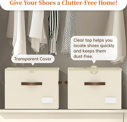 Shoe Organizer for Closet, Foldable Shoe Storage Containers, Fits up to 16 Pairs, Large Shoe Storage Organizer Box Cubby Baskets Bins with Clear Cover and Reinforced Handles, Beige