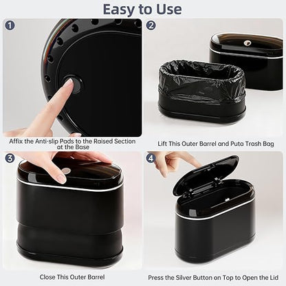 Mini Trash Can for Desk with 5 Rolls of Trash Bags, Small Press-Top Countertop Garbage Bin, Removable Waste Basket for Bedroom, Vanity, Coffee Table, Kitchen (Black Full-Lid)