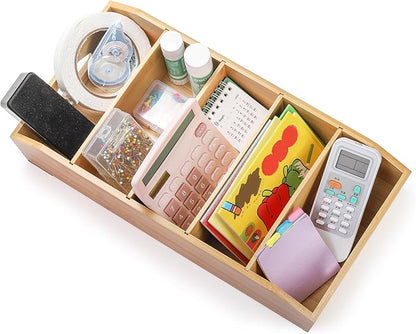 2 Pack Bamboo Pantry Organizers, Storage Bin with Removable Dividers, Divided Snack Oragnizer with Handle, Stackable Cabinet Basket, Drawer Caddy for Kitchen Office Packets Sauce Pouches