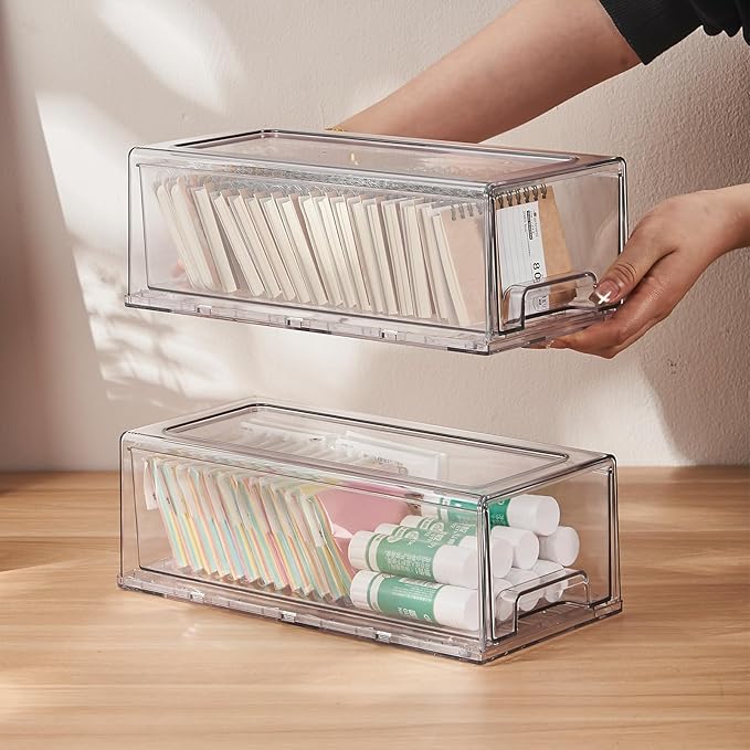 2 Pack Stackable Pull-Out Storage Drawers,Plastic Clear Organizer Bins with Handles,Easily Clean for Craft,and Toy Organization,Kitchen,Undersink,Cabinet,Fridge,Closet,Pantry,Office,Bathroom