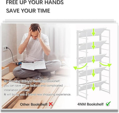 4NM No Assembly 5 Tiers Collapsible Book Shelves, 51.2" H Folding Bookshelf Bookcase Open Industrial Foldable Shelves for Bedroom, Living Room, Home Office - All White