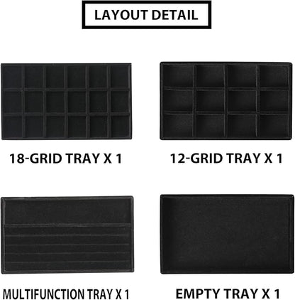 Frebeauty Jewelry Organizer Tray,Stackable Velvet Jewelry Trays,Drawer Inserts Earring Organizer For Women Jewelry Storage Display Case for Rings Stud Necklaces,Set of 4(Black)