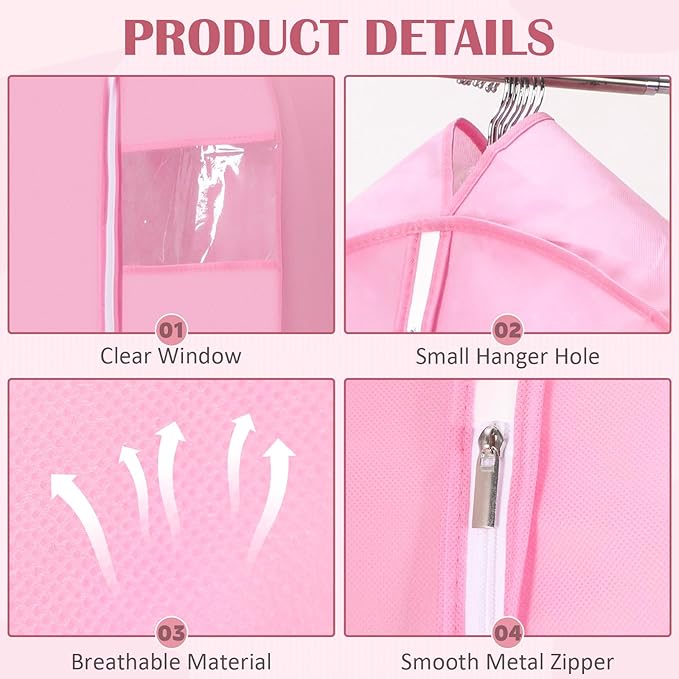 2 Pcs 10" Gusseted Garment Bags for Hanging Clothes Dress Bags for Gowns Long Closet Waterproof Garment Covers Wedding Dress Cover Traveling Clothes Protector (Pink,65 Inch)