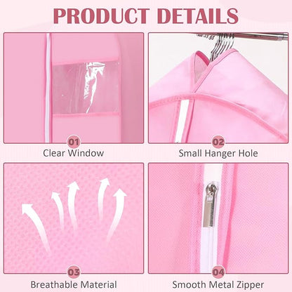 2 Pcs 10" Gusseted Garment Bags for Hanging Clothes Dress Bags for Gowns Long Closet Waterproof Garment Covers Wedding Dress Cover Traveling Clothes Protector (Pink,65 Inch)