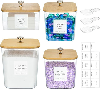 4 Pack Laundry Pod Containers and Dryer Sheet Holder for Laundry Room Organization Acrylic Jars with Lids and Labels for Laundry Detergent Laundry Pods Dry Sheet Organizing