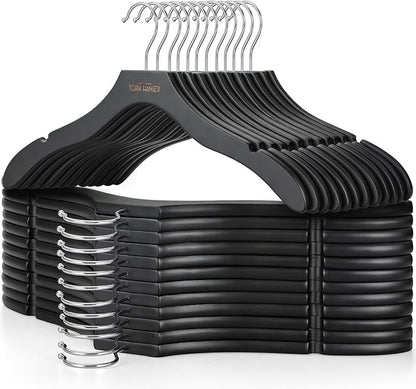 TOPIA HANGER Wooden Coat Hangers 24 Pack, Premium Wood Suit Sweater No Shoulder Bump Hangers, 360° Swivel Hook and Cut Notches Clothes Hangers for Sweater, Hoodie, Shirts, Jackets, Dress, Black CT85B