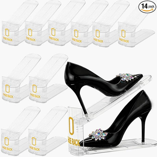 14 Pack Shoe Slots Organizer, 3 Levels Adjustable Thickned Shoe Stackers Organizer, Organizer Shoe Rack for Storage