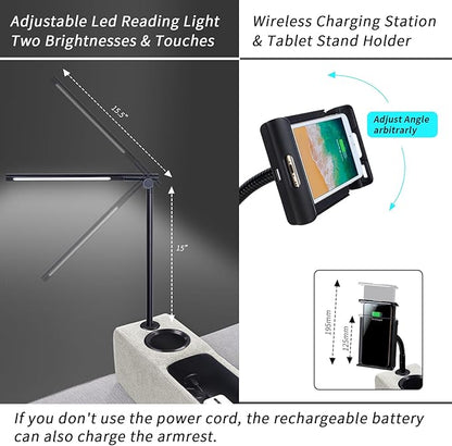 Sofa Armrest with Cup Holder, PU Leather Multifunctional Couch Arm Rest Insert, Removable Couch Caddy with Storage, Equipped with LED Reading Light & Wireless Charge Stand