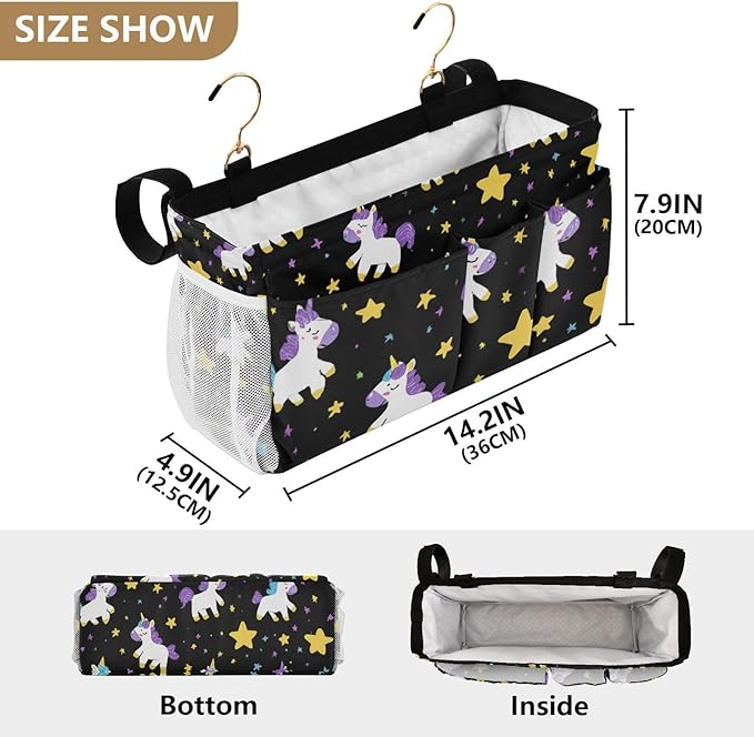 CuwrYet Bedside Caddy Hanging Bunk Bed Caddy Bed Organizer Hanging Pocket with 2 Hooks Bedside Storage Organizer Pocket Bag Holder Cute Unicorns Hearts Black