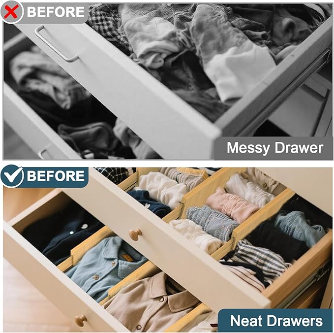Lzerking Kitchen Drawer Dividers 6 Pack, 4.65" High Adjustable Bamboo Drawer Organizers for Clothes (12-17.5"), Spring Loaded, Expandable Utensil Organizer for Kitchen Storage, Dresser, Bedroom