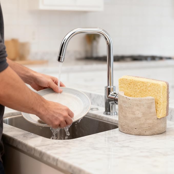 MALIHOO Travertine Natural Marble Sponge Holder, Sponge Caddy for Sink Organizer, Kitchen, Bathroom, Fast Absorbing, Durable, Elegant and Stylish