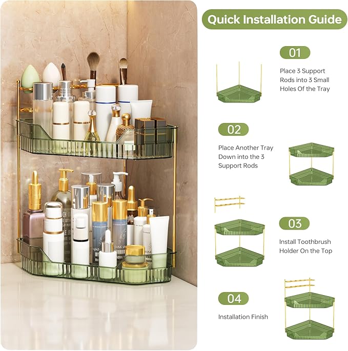 ZZWILLB Corner Bathroom Counter Organizer with Makeup Brush Holder & Toothbrush Holders, Makeup Organizer for Vanity Countertop, Acrylic Skincare Storage Shelf (Green, 2-Tier)