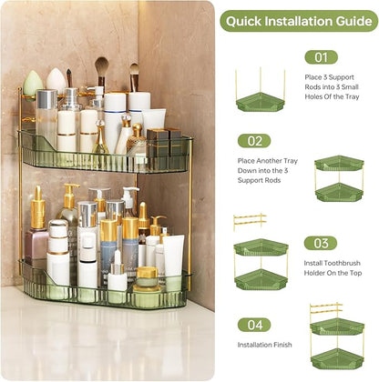 ZZWILLB Corner Bathroom Counter Organizer with Makeup Brush Holder & Toothbrush Holders, Makeup Organizer for Vanity Countertop, Acrylic Skincare Storage Shelf (Green, 2-Tier)