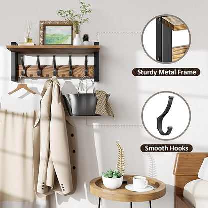 Coat Rack Wall Mount with Shelf, 17.1 Inch Coat Hanger, Entryway Wall Key Holder, Hat Rack for Walls, Shelf with 5 Coat Hooks, Purse Hanger for Wall (Brown)