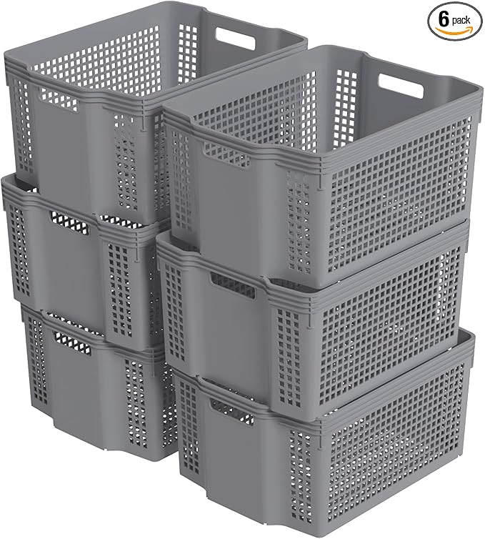 Zopnny 6-Pack Stackable Plastic Woven Basket Organizer, Large Stacking Storage Basket Bin, Grey