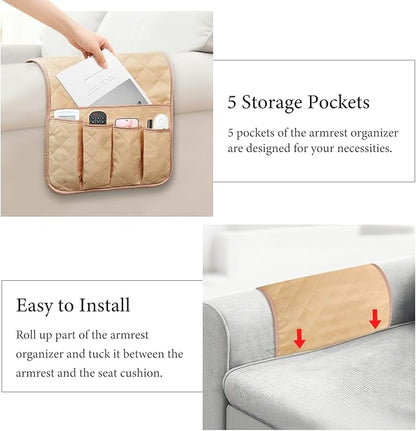 AUVCAS Sofa Armrest Organizer Non-Slip Arm Chair Bedside Caddy Storage Organizer for Recliner Couch with 5 Pockets for Cell Phone TV Remote Control Magazines (LIGHT KHAKI)