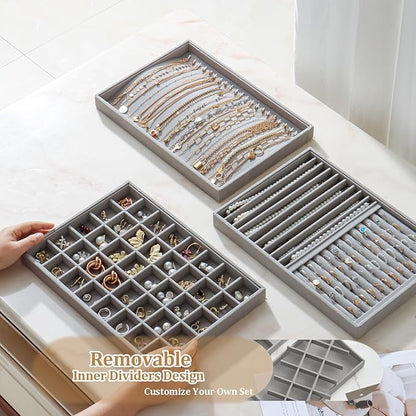 KATISYIO Large Velvet Jewelry Tray 2 Pack Stackable Jewelry Display Drawer Inserts Trays Organizer for Earring Bracelet Necklace Ring (Gray, 40 Grids)