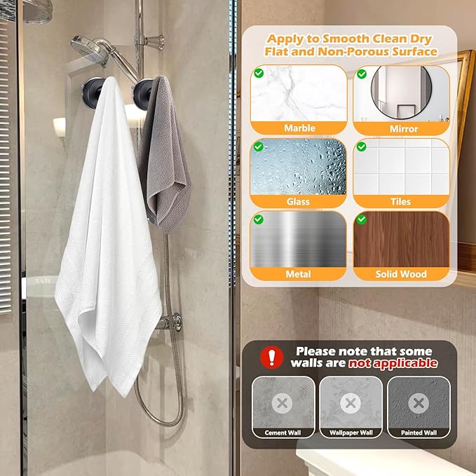 YOHOM Suction Cup Hooks for Shower Wall Bathrooms Towels Hook for Glass Door Heavy Duty (Black, 4 PCS)