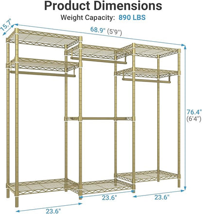 VIPEK V5i Garment Rack Heavy Duty Clothes Rack, Portable Closet Wardrobe Bedroom Armoires Freestanding Clothing Rack with 8 Adjustable Shelves & 4 Hang Rods, 68.9" L x 15.7" W x 76.4" H, Gold