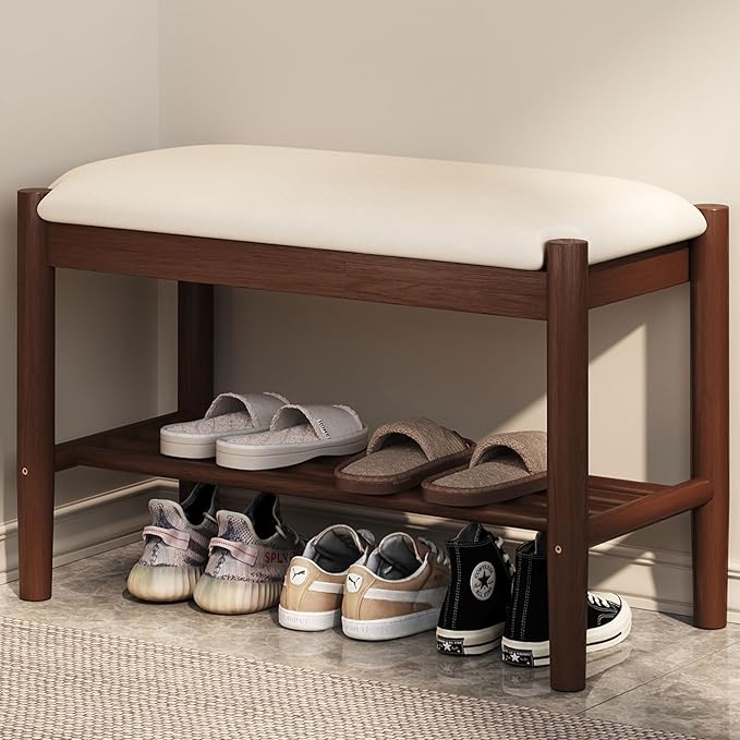 Solid Wood Shoe Bench with Cushion, 2-Tier Shoe Rack for Front Door Entrance, Enterway Benches with Shoe Storage (Walnut, 23.6in)