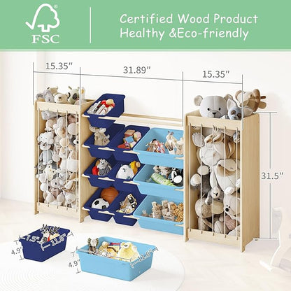 Large Toy Storage Organizer, Wooden Stuffed Animal Storage & 12-Bins Toy Organizer, Double-Sided Plush Toy Holder Featuring Thicker Ropes, Space Save Playroom Nursery Bedroom Storage, Blue