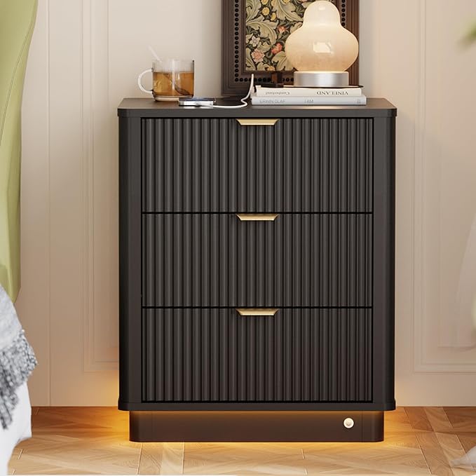 BONITURE Led Fluted Nightstand, Smart Curved Night Stand with Charging Station Lighting, Wood End Table with 3 Drawers, Modern Side Table Storage Cabinet for Bedroom Office,(1, Black)
