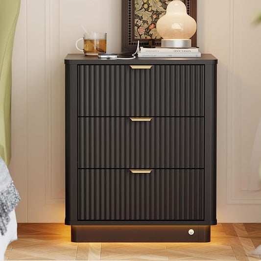 BONITURE Led Fluted Nightstand, Smart Curved Night Stand with Charging Station Lighting, Wood End Table with 3 Drawers, Modern Side Table Storage Cabinet for Bedroom Office,(1, Black)