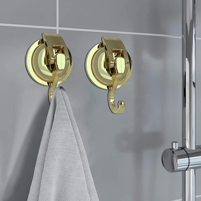 YSSILADI Heavy Duty Vacuum Suction Shower Hooks Glass Suction Cup Bathroom Robe Hooks, Reusable, No Hole Punched, for Garland Decoration (Gold, 6 Pack)