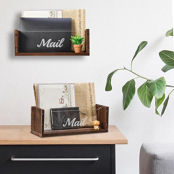 Mail Holder with Clear Acrylic Dividers - 2 Slots Mail Organizer Desktop, Mail Sorter Inside Home and Office, Solid Wood Mail Box for Wall