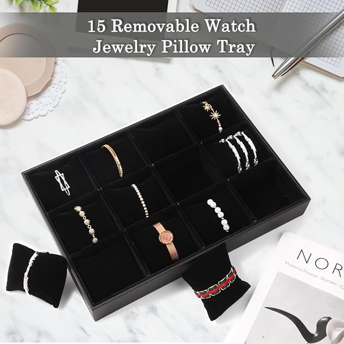 Polmart Stackable 12-Grid Jewelry Tray with Pillow, Black Velvet (2-Pack)