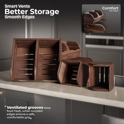 Acacia Wood Pantry Storage Bins - Stackable Open Front Kitchen Baskets with Airflow Vent for Potato, Onion, Fruit, Vegetable, and Bread Storage, Wood Organizer for Pantry and Countertop