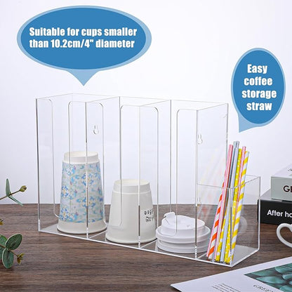 1 Pc 4 Compartments Acrylic Coffee Cup and Lid Storage Organizer Holder Disposable Paper Cup Dispenser Organizer Plastic Lid Holder Accessories for Kitchen Bar Shop Party Supplies, Transparent